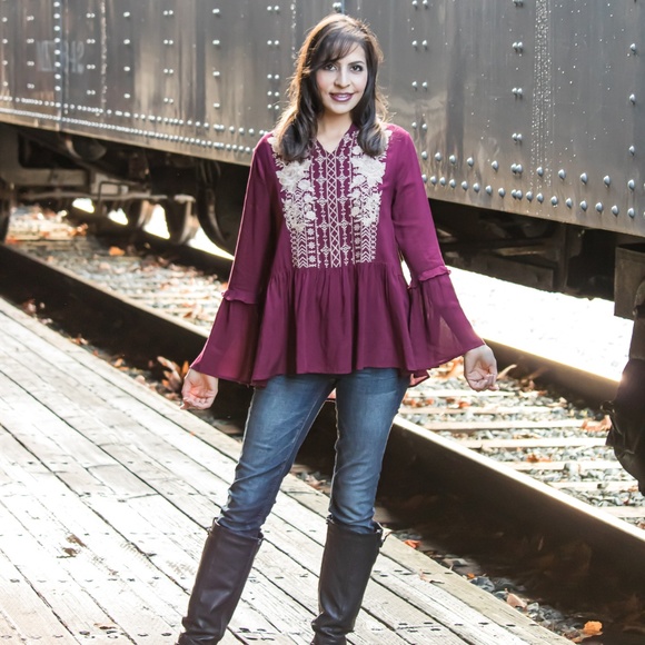 ⭐️Red Floral Embroidered Long Sleeve Peplum Top⭐️ - Picture 5 of 8